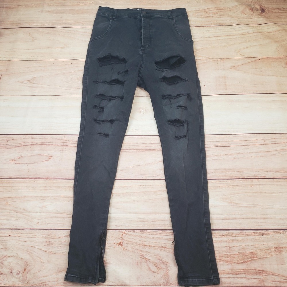 SikSilk Jeans Mens MediumBlack Distressed Skinny Ankle Zip Stretch Denim‎ 29x29